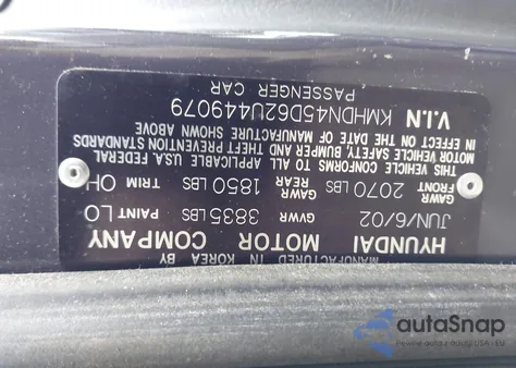 2002 Hyundai Elantra Gls from USA, damaged, VIN KMHDN45D62U449079